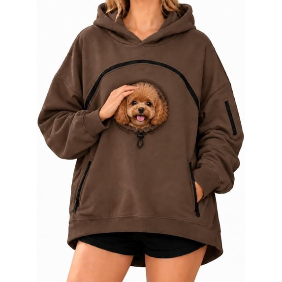 Pet Carrier Hoodie with Dog Pouch, Sweatshirt Cat Carrying Pocket Hoodie | Zippered Front Carrier for Small Dogs & Cats, Kangaroo Side Pocket, Sleeve Storage Big Size Soft(Brown,2XL)