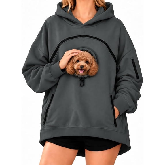 Pet Carrier Hoodie with Dog Pouch, Sweatshirt Cat Carrying Pocket Hoodie | Zippered Front Carrier for Small Dogs & Cats, Kangaroo Side Pocket, Sleeve Storage Big Size Soft(Dark Gray,L)