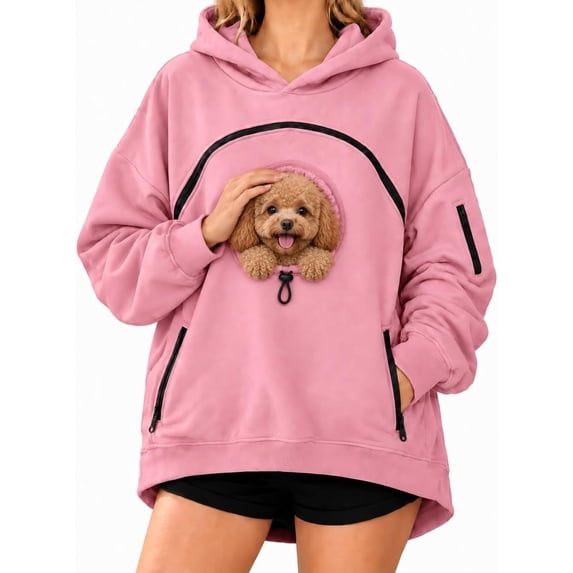 Pet Carrier Hoodie with Dog Pouch, Sweatshirt Cat Carrying Pocket Hoodie | Zippered Front Carrier for Small Dogs & Cats, Kangaroo Side Pocket, Sleeve Storage Big Size Soft(Pink,M)