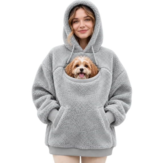 Pet Carrier Hoodie Long Sleeve Pullover Sweatshirt Oversized Cozy Sherpa Fleece Hoodie With Cat Dog Holding Pouch Kangaroo Pocket Drawstring Hooded Top for Pet Lovers Fall Winter Loungewear M