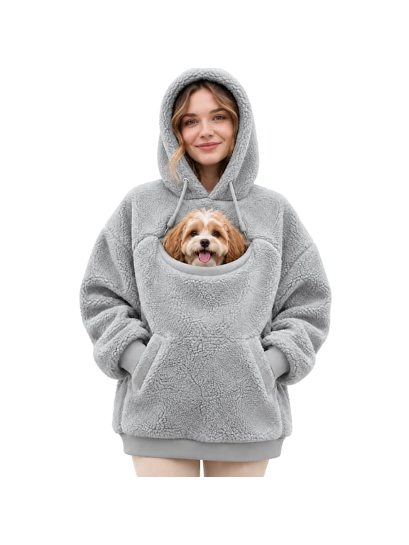 Pet Carrier Hoodie Long Sleeve Pullover Sweatshirt Oversized Cozy Sherpa Fleece Hoodie With Cat Dog Holding Pouch Kangaroo Pocket Drawstring Hooded Top for Pet Lovers Fall Winter Loungewear 2XL