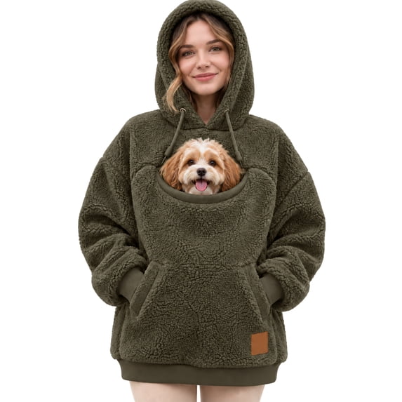 Pet Carrier Hoodie Long Sleeve Pullover Sweatshirt Oversized Cozy Sherpa Fleece Hoodie With Cat Dog Holding Pouch Kangaroo Pocket Drawstring Hooded Top for Pet Lovers Fall Winter Loungewear 2XL