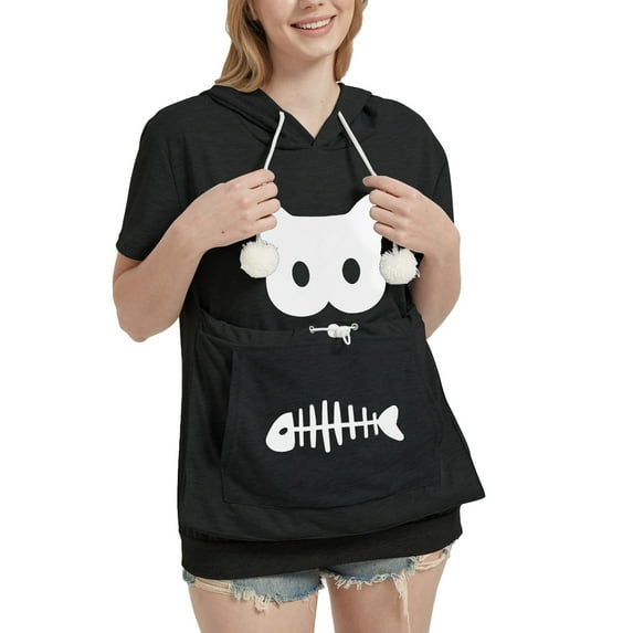Pet Carrier Hoodie for Women Cat Dog Pouch Holder Solid Color Short Sleeve Hooded Sweatshirts Cute Casual Tops