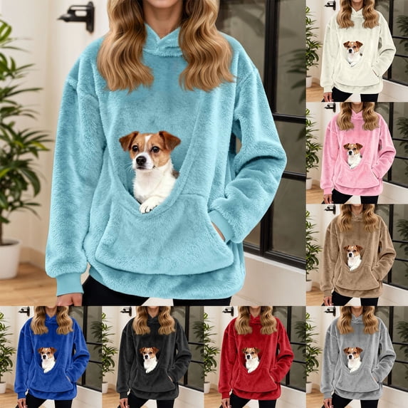 Pet Carrier Hoodies for Women Soft Animals Holder Sweatshirt with Cute Dog Pocket Drawstring Casual Pullover Top M
