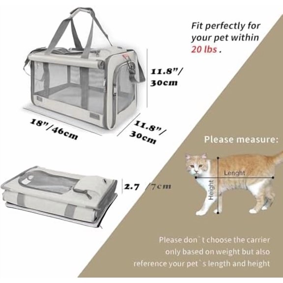 Pet Carrier for Large Cat Soft-Sided Animal Traveling Bag for Medium Cat up to 20lbs / Washable Small Dog Puppy 10 lbs Crate Case with Privacy Curtains for Home Outdoor Travel Beige White