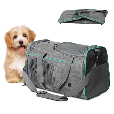 Pet Carrier for Small/Medium Cats Dogs Puppies up to 16.5lbs, Portable Pet Carrier Airline Approved with Breathable Mesh, Safe Locking Zippers, Support for Travel, Hiking & Outdoor Use,Gray&Green
