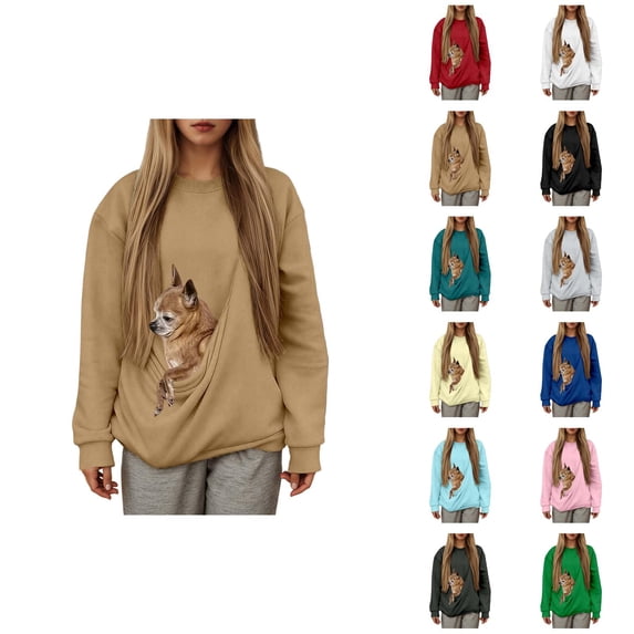 Pet Carrier Sweatshirt for Women 2026 Long Sleeve Crewneck Solid Color Sweat Shirts with Puppy Kitten Pocket Pullover Top