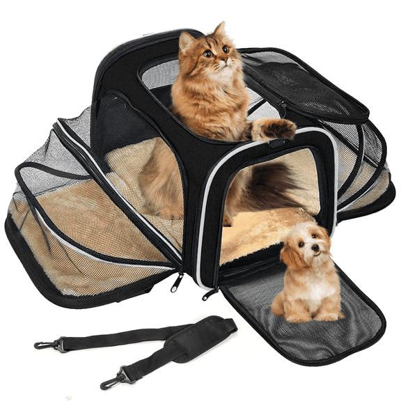 Pet Carrier, TSA Airline Approved Pet Bag in Cabin, 4 Sides Expandable Cats Collapsible Carrier, Large Soft Sided Dogs Carrier with Removable Fleece Pad and Safety Pockets One Pack