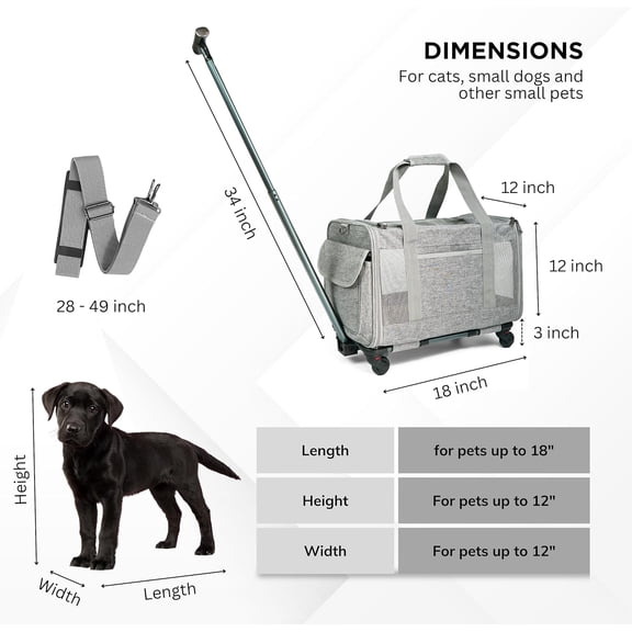Pet Carrier With Wheels for Dogs Up To 15lbs – Airline Approved Dog Carrier - Rolling Pet Carrier w/ Removable Wheels & Washable Plush Mat – Cat Travel Carrier w/ Telescopic Handle & Shoulder Strap