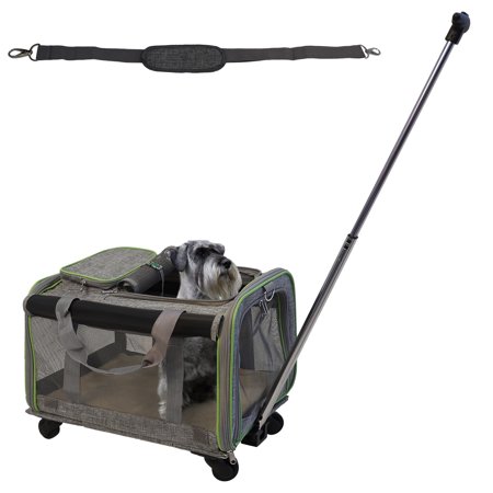 Pet Carrier with Wheels for Dogs and Cats, Airline Approved Dog Cat Carrier with Wheel Removable Base, Telescopic Handle, Soft-Sided Mesh and Safety Strap
