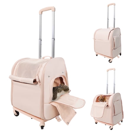 Pet Carrier with Wheels for Dogs and Cats, Airline Approved Foldable Cat Carrier Pet Backpack Bag for Small/Medium Cats Dogs Puppies, Pet Rolling Carrier with Removable Base, Pink