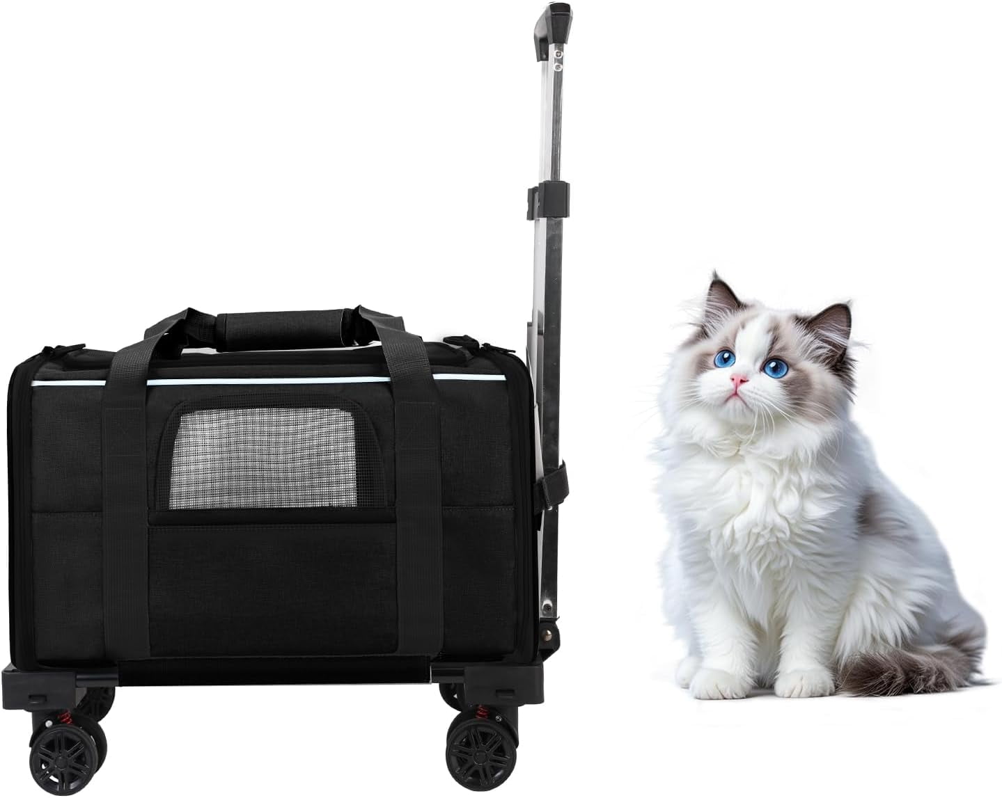 Pet Carrier With Wheels & Telescopic Handle – Soft-Sided Rolling Cat/Dog Carrier, Collapsible, For Travel, Vet Visits, Camping (Grey)