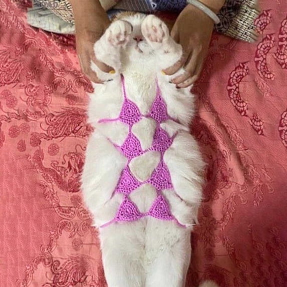 Pet Cat Bikini Costume Handmade Funny Summer Pet Outfit Cotton Linen Cat Clothes Adjustable Strap Dress Up Costume for Cats Small Dogs Photo Props Holiday Party Cute Pet Apparel Set