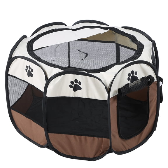 Pet Cat Dog Portable Foldable Cage Exercise & Play Tent Mesh Cover Indoor/Outdoor Use Coffee