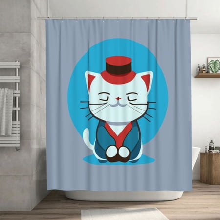 Pet Cat In Hat Pattern Shower Curtain, Cartoon Animal Waterproof Bath Curtains for Bathroom Decorations, 72 x 72 inches