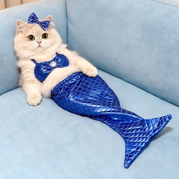 Pet Cat Mermaid Fishtail Costume, Soft Polyester Sequin Outfit, Cute Photo Prop Apparel for Halloween Party Dress Up (Blue)