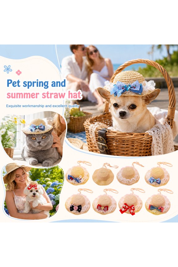 Pet Cat Supplies, Cat Birthday Hat, Puppy Supplies, Beach Supplies, Pet Dog Supplies Plaid Heart Accent Straw Pet Hat, 5 in Gingham Bow Pet Straw Sun Hat with Delicate White Lace