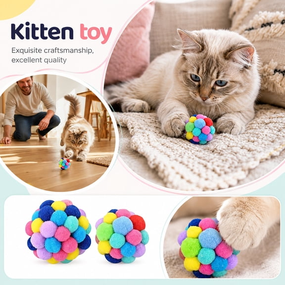 Pet Cat Supplies, Interactive Cat Toys, Cat Pom Balls, Cat Enrichment Toys, 1Pc Rainbow Plush Bell Ball, Diameter 2.5 in Soft Colorful Fuzzy Interactive Rolling Chew Play Toys for