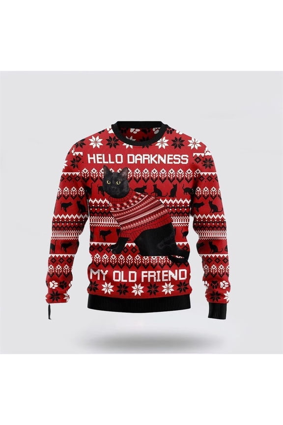 Pet Cat Sweater, Black Cat Hello Darkness My Old Friend Ugly Christmas Sweater, Gift For Cat Love, Cat Crewneck Sweater, Winter Fashion