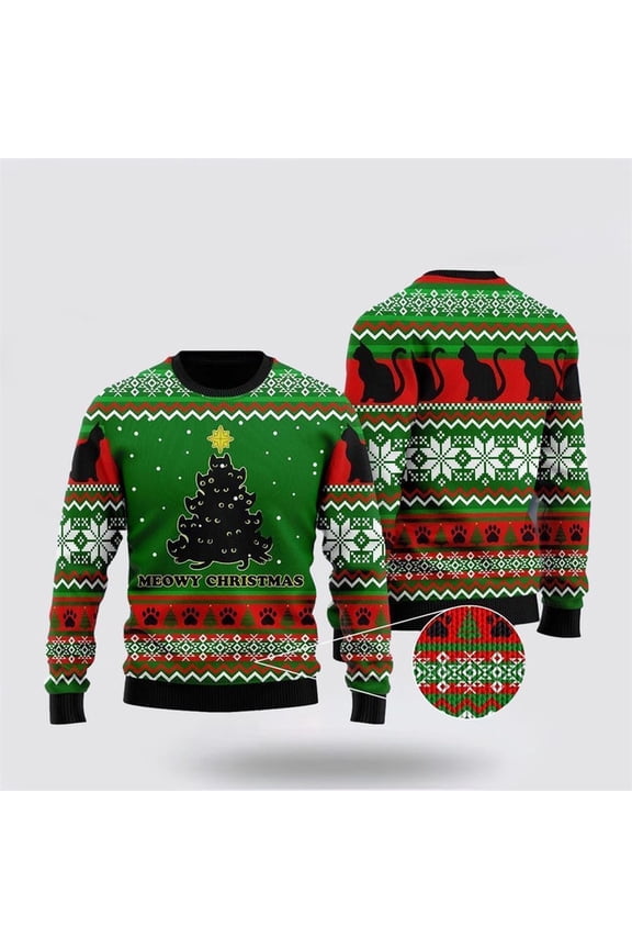 Pet Cat Sweater, Black Cat Meowy Christmas Tree Ugly Christmas Sweater, Gift For Cat Love, Cat Crewneck Sweater, Winter Fashion