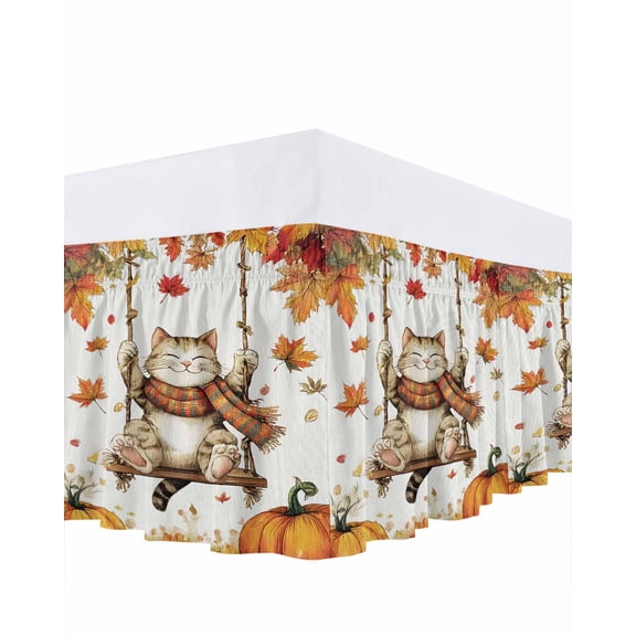 Pet Cat in Swing Bed Skirt King Size 18 Inch Drop, Thanksgiving Pumpkins Maple Leaves Retro Wrap Around Dust Ruffle Bedskirts, Wrinkle & Fade Resistant Easy Fit Bedskirt with Adjustable Elastic