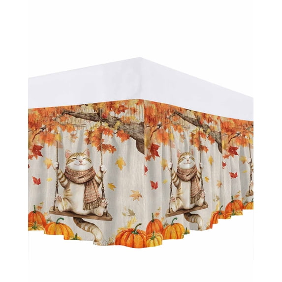 Pet Cat in Swing Bed Skirt Queen Size 16 Inch Drop, Thanksgiving Pumpkin Maple Leaves Retro Wrap Around Dust Ruffle Bedskirts, Wrinkle & Fade Resistant Easy Fit Bedskirt with Adjustable Elastic
