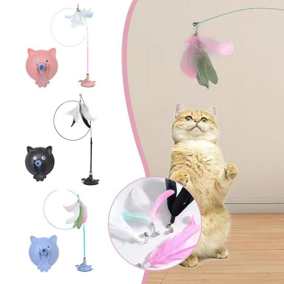 Pet Cat Toy, with Colorful Replacement Feathers with Suction Cup, Long Pole & Steel Wire, Interactive Cat Teaser, Exercise and Entertainment for Felines (Black) 35"