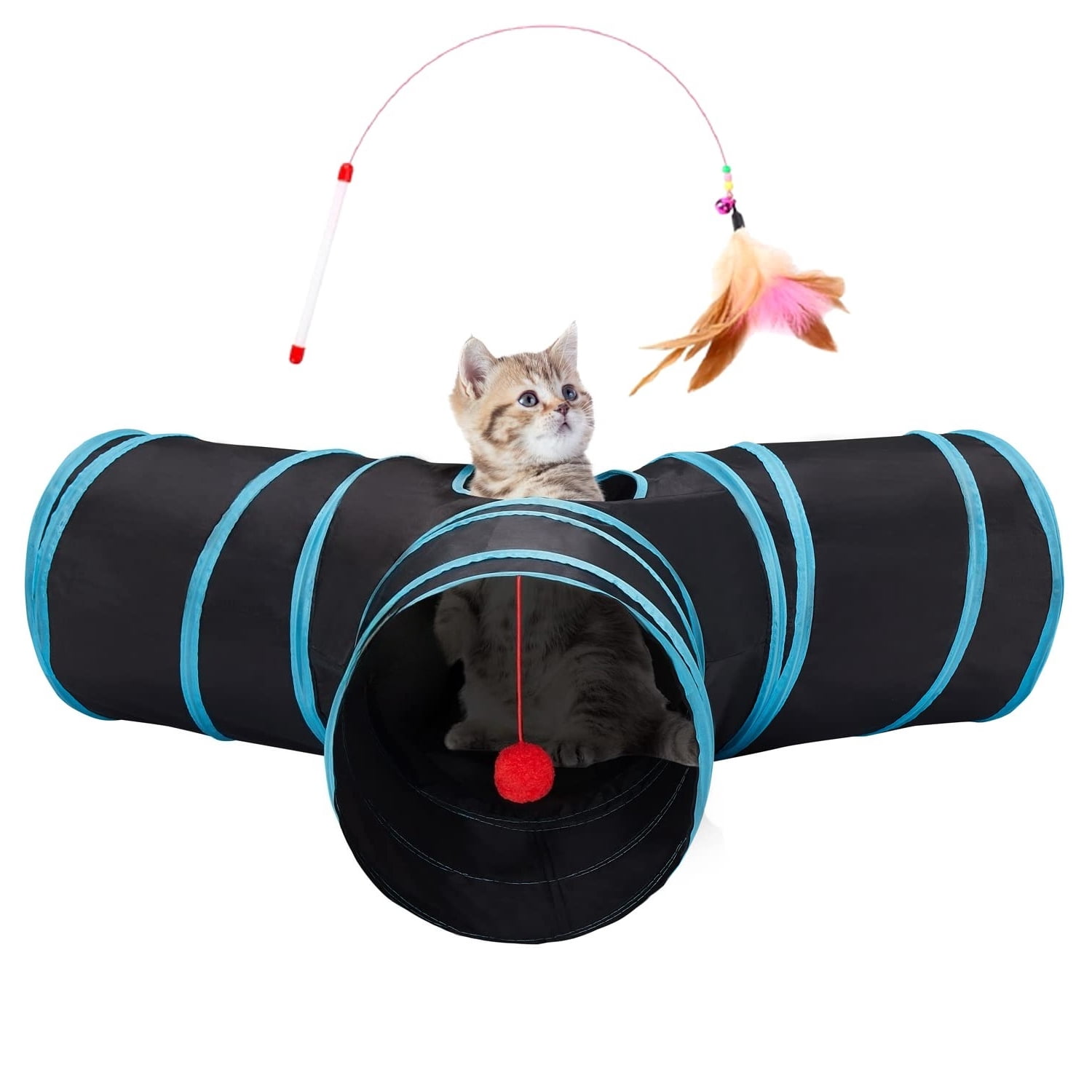Pet Cat Tunnel Toy, 3 Way Collapsible Cat Tunnel Tube, Peek Hole and Ball Toy for Indoor Cats, Kittens, Puppies, and Small Pets