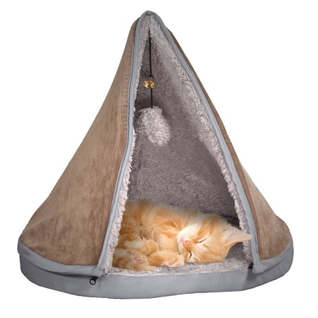 Pet Cave Bed – Cat Teepee with Non-Slip Bottom, Removable Pet Tent and Memory Foam Cushioned Cat Bed for Kittens or Small Dogs by PETMAKER (Tan)