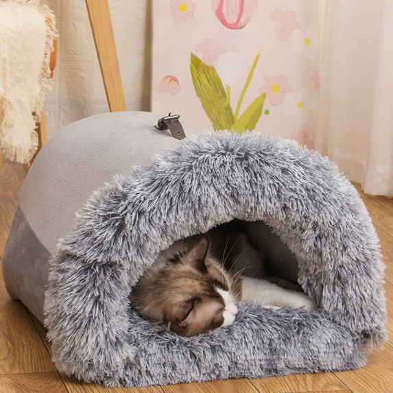 Pet Cave Bed, Cozy Kennel, Semi Enclosed Plush Dog House with Antiskid Bottom and Carry Handle, Warm Hideout for Cats and Small Dogs