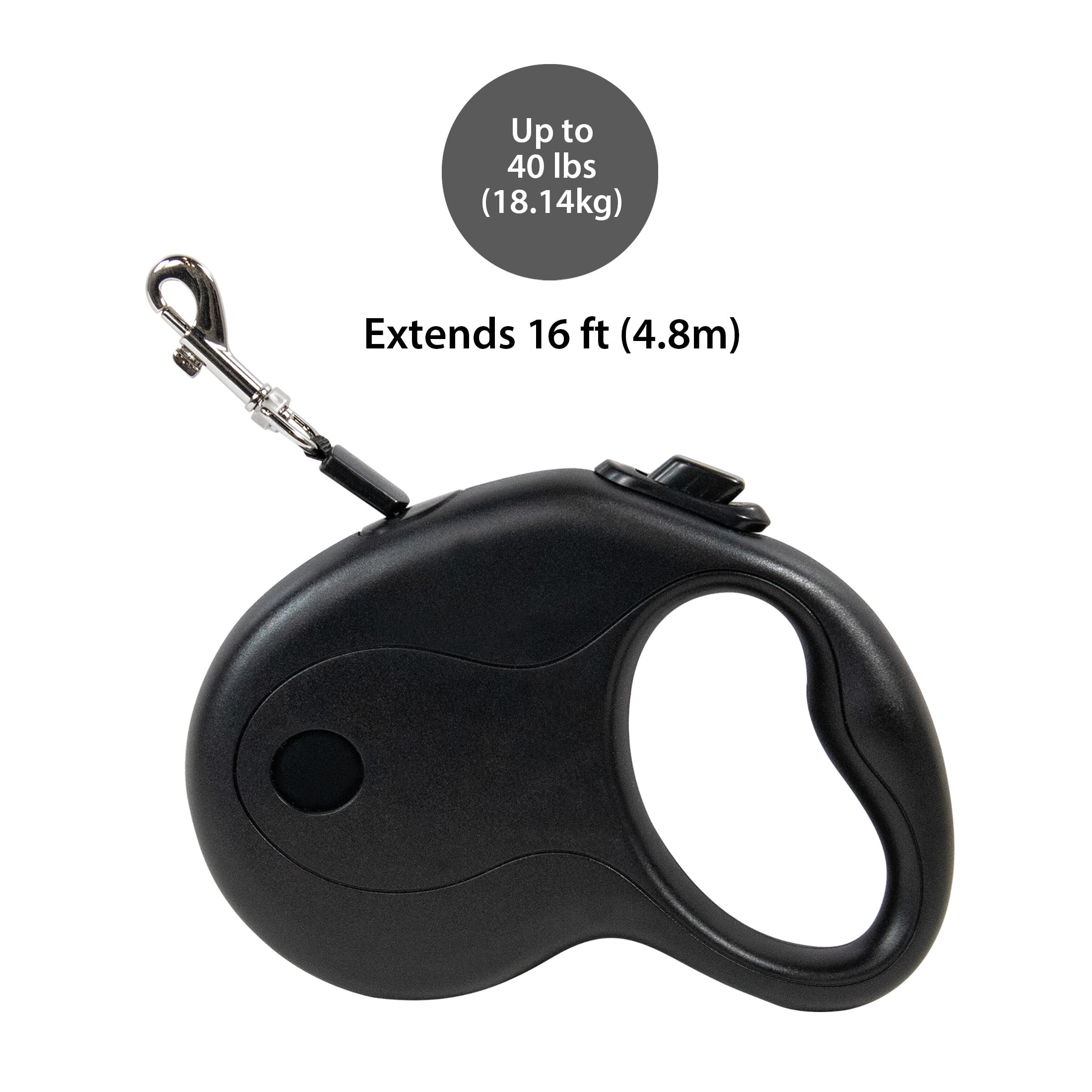 Pet Champion 16' Plastic, Metal & Polyester Retractable Dog Leash, Black