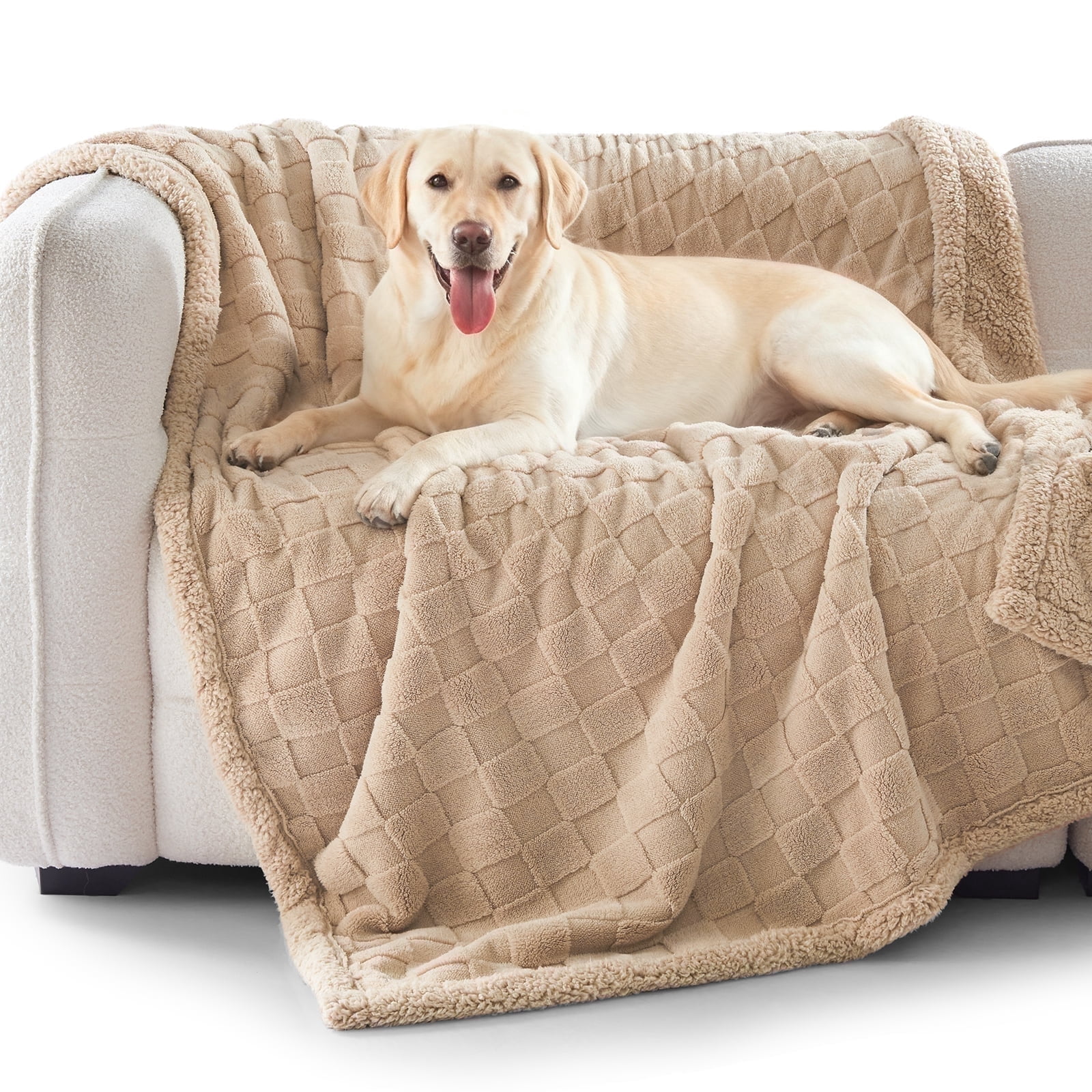Pet Checkered Fleece Throw Pet Blanket for Couch, Plaid Jacquard Fluffy Blanket for Fall and Winter, Soft Warm 3D Design, Living Room Decor, Light Brown, XXL