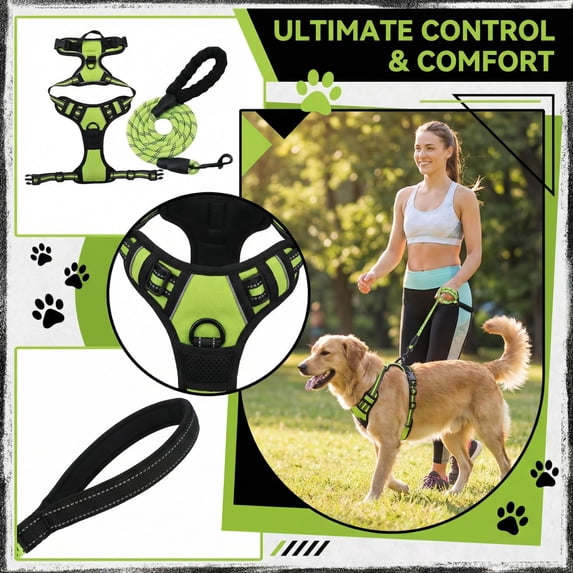 Pet Chest Harness Leash Set, No-Pull Anti-Tug Design, For Large Dogs - Green Xl