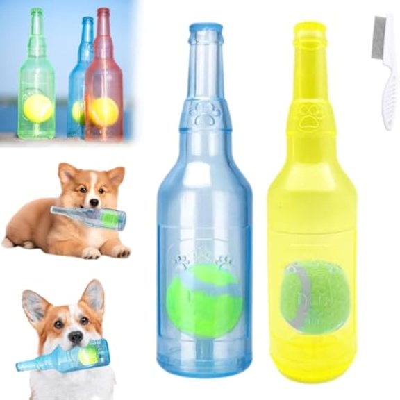 Pet Chew Beer Bottle with Tennis Ball, Beer Bottle with Tennis Ball Dog Chew Toy, Crunch and Play Bottle Dog Toy, Rubber Squeaky Chew Interactive Fetch Toy Balls for Dogs (2PCS-C)