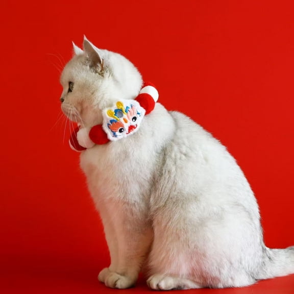 Pet Chinese New Year Collar with Festive PomPoms, Cute Cartoon Lion/Dance Scarf for Cats Dogs, Spring Festival Holiday Photo Prop Bandana Accessory for Pet A