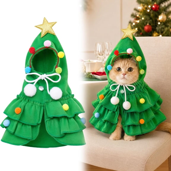 Pet Christmas Cloak, Santa Cape for Cats & Small Dogs Xmas Outfit, Soft Plush Fabric, Adjustable Tie, Santa, Reindeer & Tree Designs, Great Holiday Costume for Small Cats & Puppies