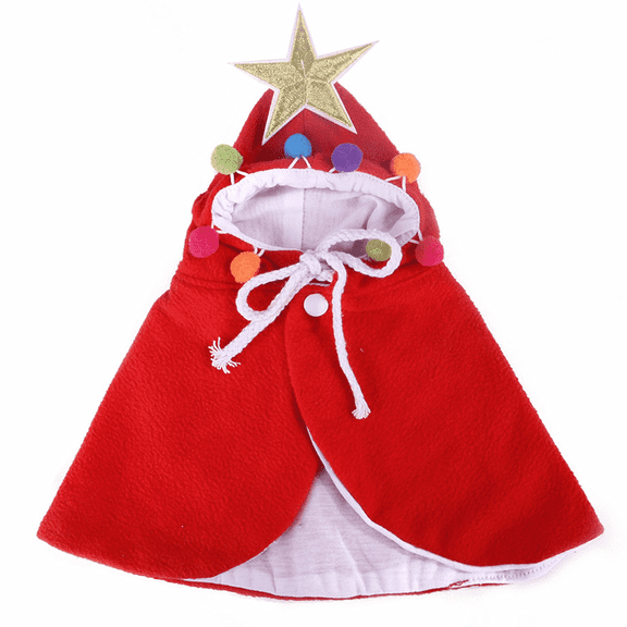 Pet Christmas Costume Puppy Xmas Cloak with Star and Pompoms Cat Santa Cape with Santa Hat Party Dress