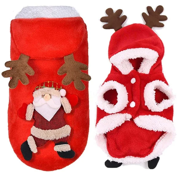 Pet Christmas Costumes, Puppy Santa Claus Reindeer Outfit Dogs Cats Cold Weather Sweater Coat,Winter Hoodie Warm Vest Clothes, Apparel Outfit for Small Medium Dogs Cats Party Cosplay (Red,XS)
