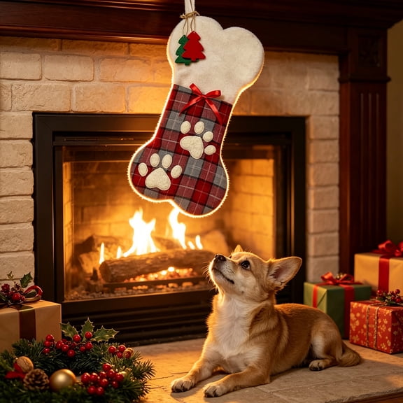 Pet Christmas Stocking, Plaid Dog Paw and Bone Xmas Stocking in Cloth with Hanging Cord, Holiday Gift Bag for Fireplace Mantel, Tree and Pet Gifts