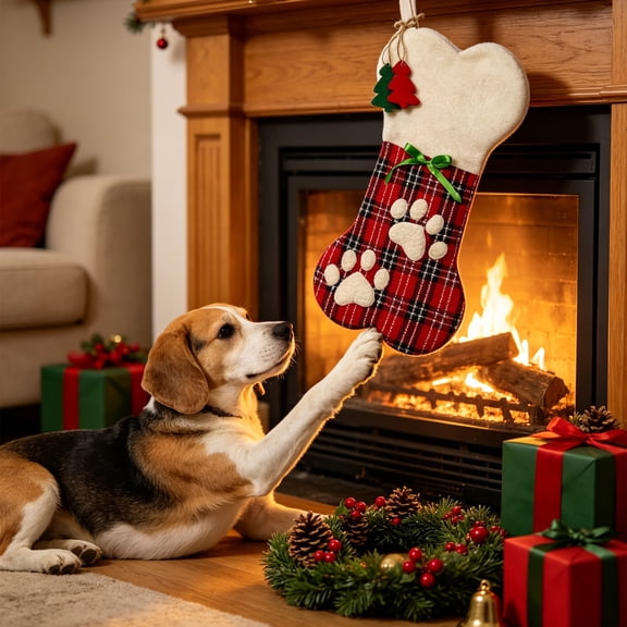Pet Christmas Stocking, Plaid Dog Paw and Bone Xmas Stocking in Cloth with Hanging Cord, Holiday Gift Bag for Fireplace Mantel, Tree and Pet Gifts