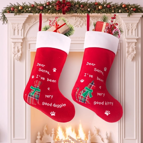 XGHomeNest Christmas Stockings Cat and Dog Red Felt White Cuffs Paw Prints 2 Pack 19.3 Inch