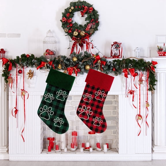 Pet Christmas Stockings for Dogs Cats, Christmas Pet Stocking Socks Dog Cat Paw Plaid Xmas Tree Hanging Ornament Gift