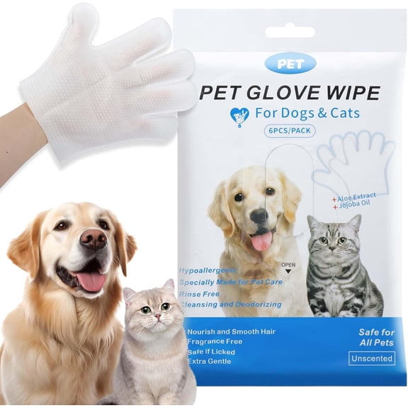 Pet Cleaning Gloves, 6- No-Rinse  Mitts for Dogs and Cats - Extra Thick Deshedding & Deodorizing Gloves with Nourishing Formula, Unscented &