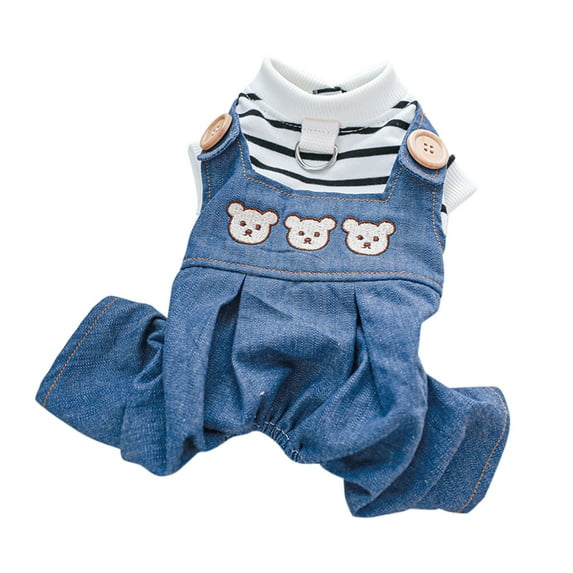 Pet Clothing Suspenders Pull Chest Back Bear Head Jeans Denim Pet Fashion Overalls for Small Dogs and Cats with Harness and Chest Buckle
