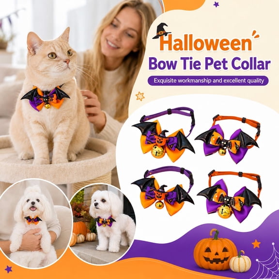 Pet Collar, Halloween Cat Bow Tie, Purple Cat Collar, Orange Collar, with Glitter Trim, Bat Wings Detail and Gold Bell Pet Collar, Adjustable Design for Small Cats and Tiny Dogs