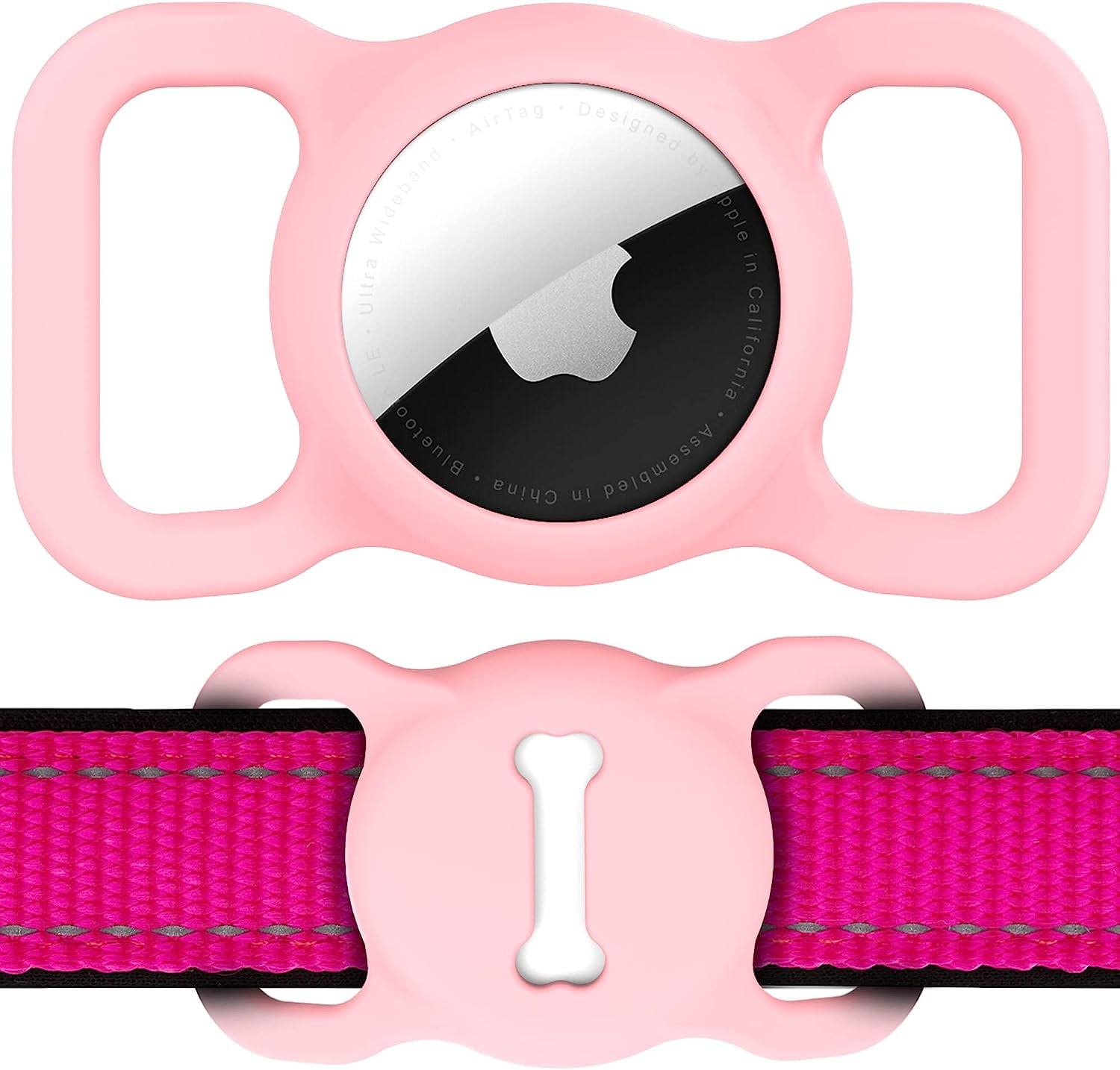 Pet Collar Holder for AirTag, Silicone AirTags GPS Tracking Accessories with Bone Pattern (Pink)