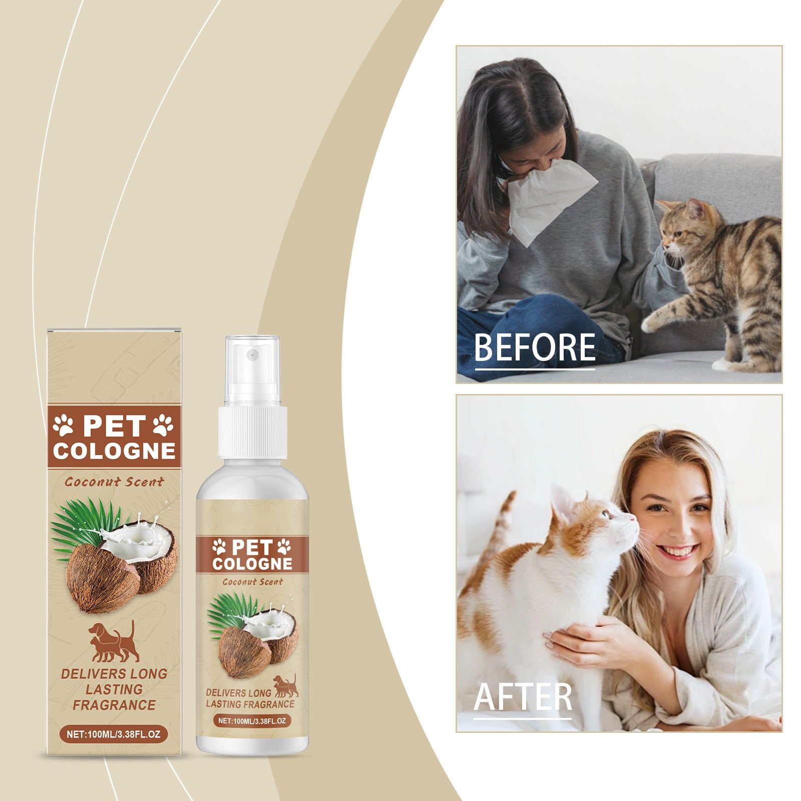 Pet Cologne Spray with Coconut Scent, Long-Lasting Fragrance for Dogs and Cats, 100ml, Gentle and Safe Formula