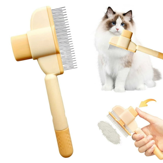 Pet Comb For Dogs And Cats With Release Button Cat Grooming Comb With Long And Short Stainless Round Teeth Cat Comb For Removing Matted Knots & Loose
