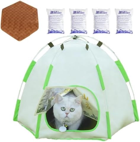 Pet Cooling House with 4 Ice Packs and Mat, Foldable Tent for Indoor Outdoor Use