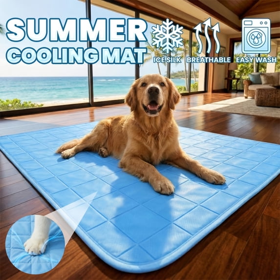 Pet Cooling Mat for Dogs and Cats, Semi-Gloss Polyester Square Quilted Cooling Mat for Dogs for Summer Heat Relief, Lightweight Portable Sleeping Mat Dog Bed (Blue)